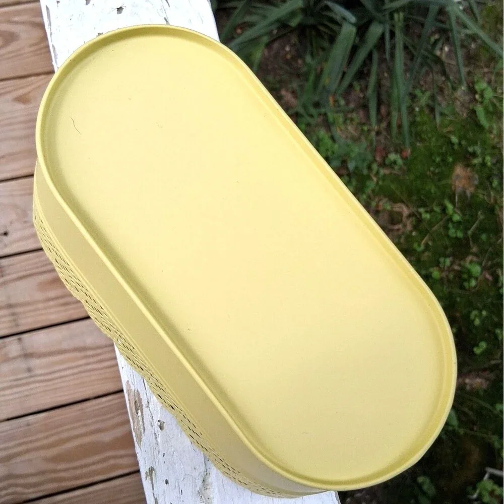 368 Yellow Metal Oval Lace Trimmed Basket Makeup Bathroom Planter Decor